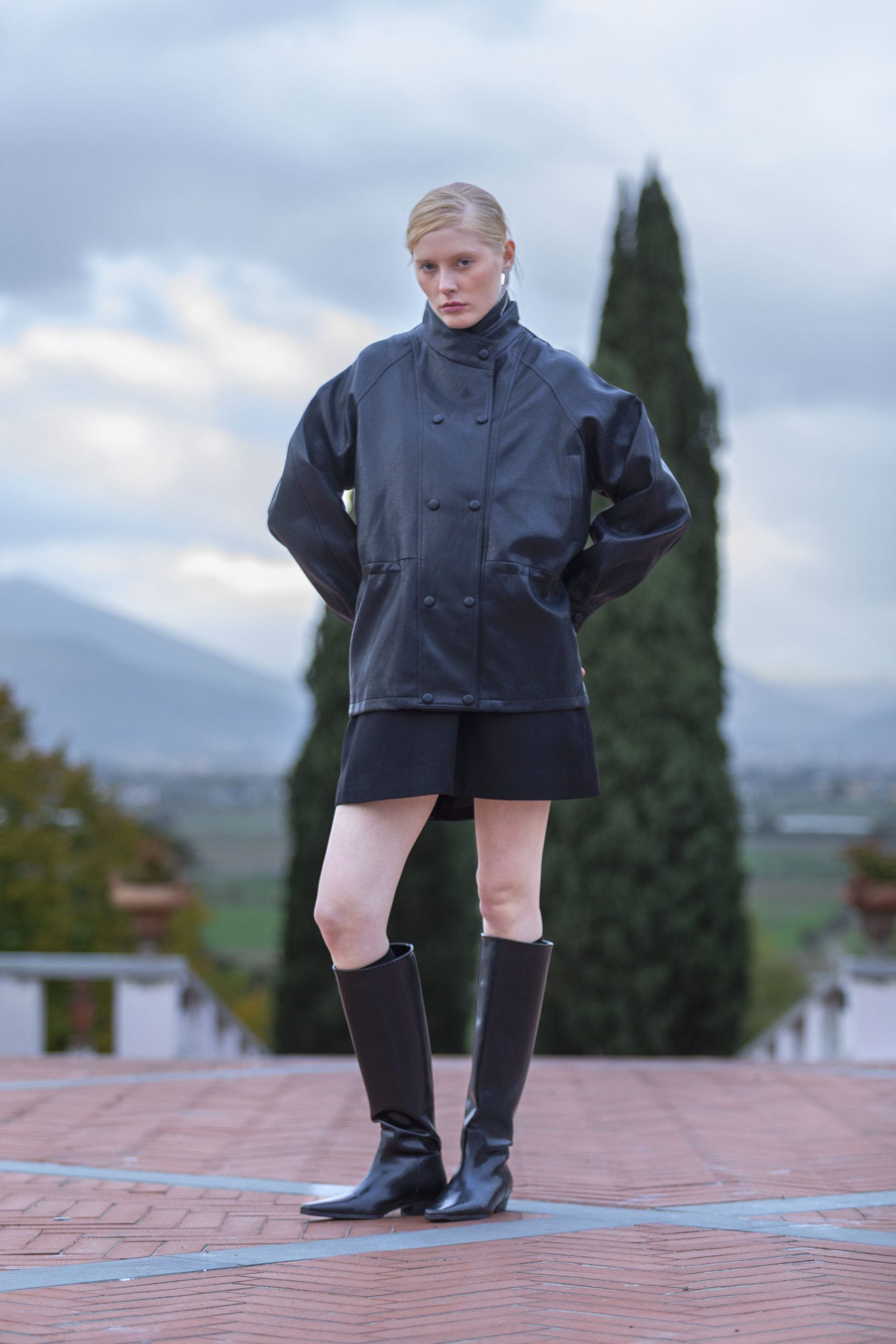 EFW260040_F αντίγραφο Δερμάτινο jacket με διπλό κούμπωμα και ψηλό γιακά - Image 1
