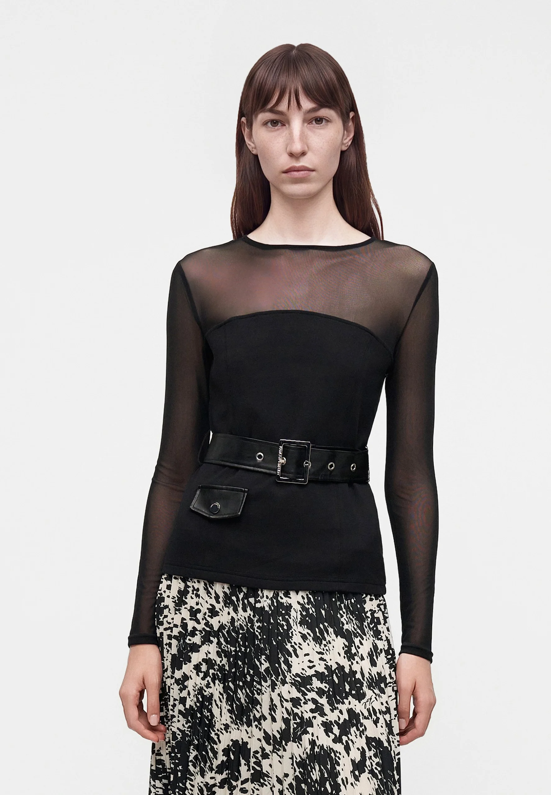 karl-lagerfeld-blousa-mavro-with-belt-1 Μπλούζα με διαφάνεια τσέπη απο τεχνόδερμα και ζώνη - Image 1